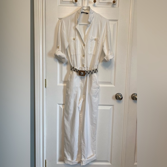 ZARA White Linen blend belted pantsuit jumpsuit romper Size XS - Picture 3 of 11